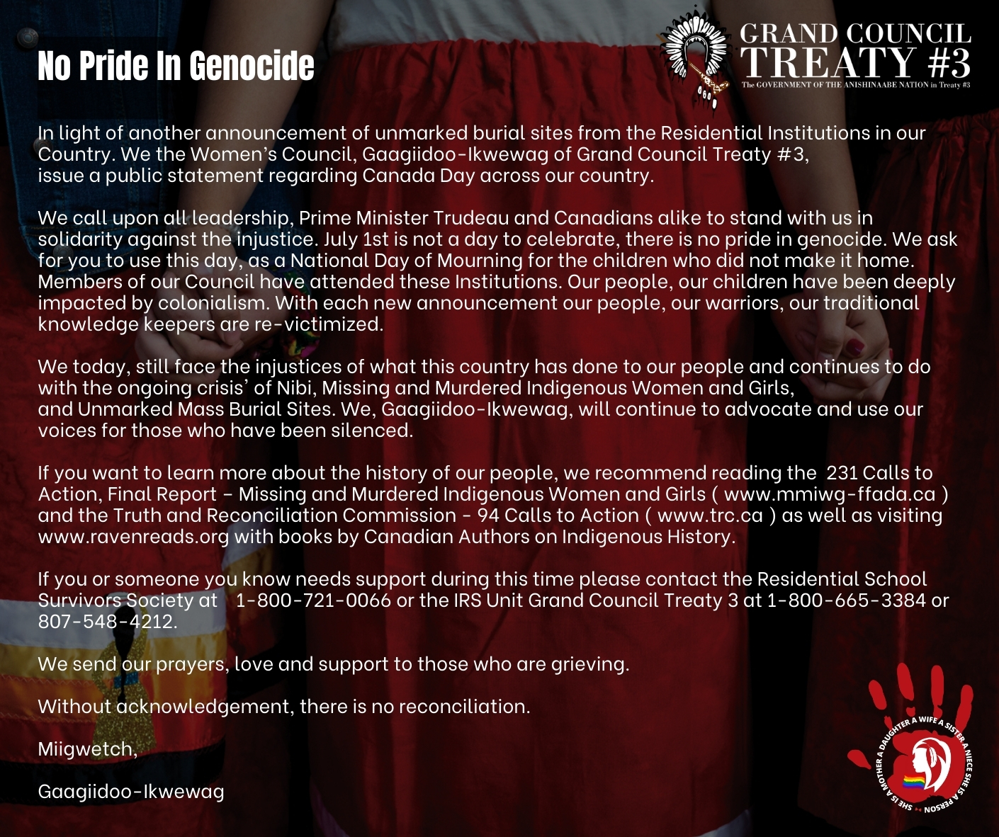 Gaagiidoo-Ikwewag (Women’s Council) of Grand Council Treaty #3, issue a public statement regarding Canada Day