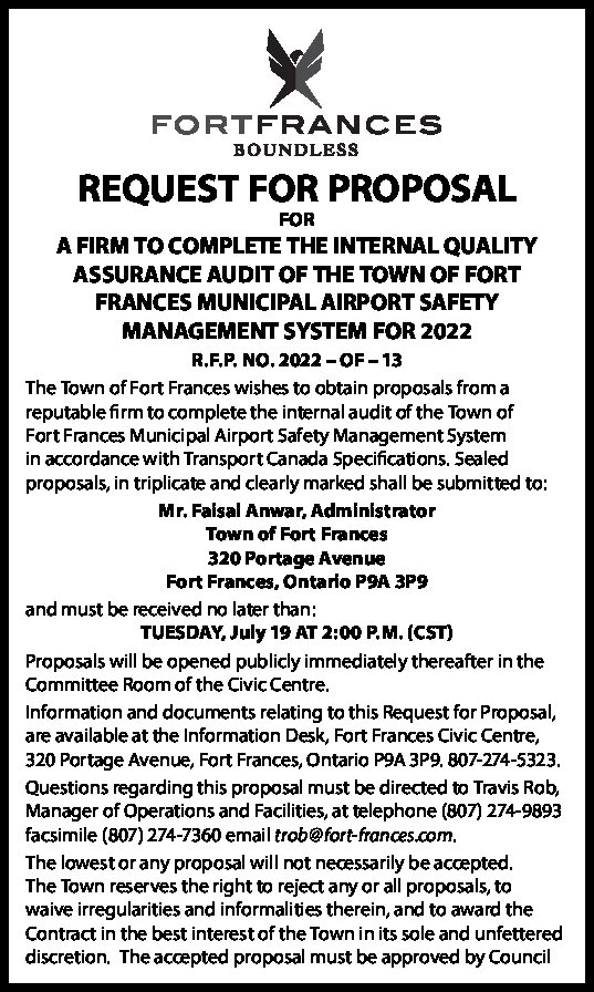 A Firm to Complete the Internal Quality Assurance Audit of the Town of Fort Frances Municipal Airport Safety Management System for 2022