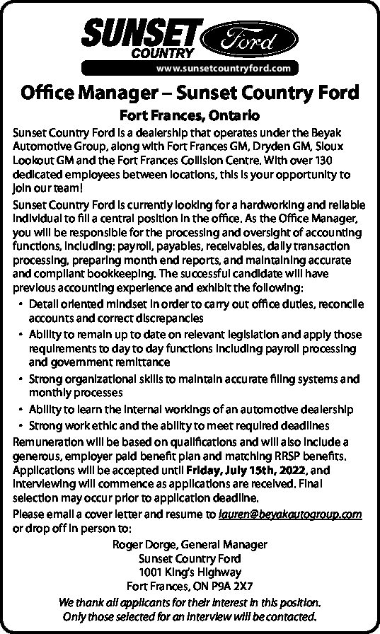Office Manager – Sunset Country Ford
