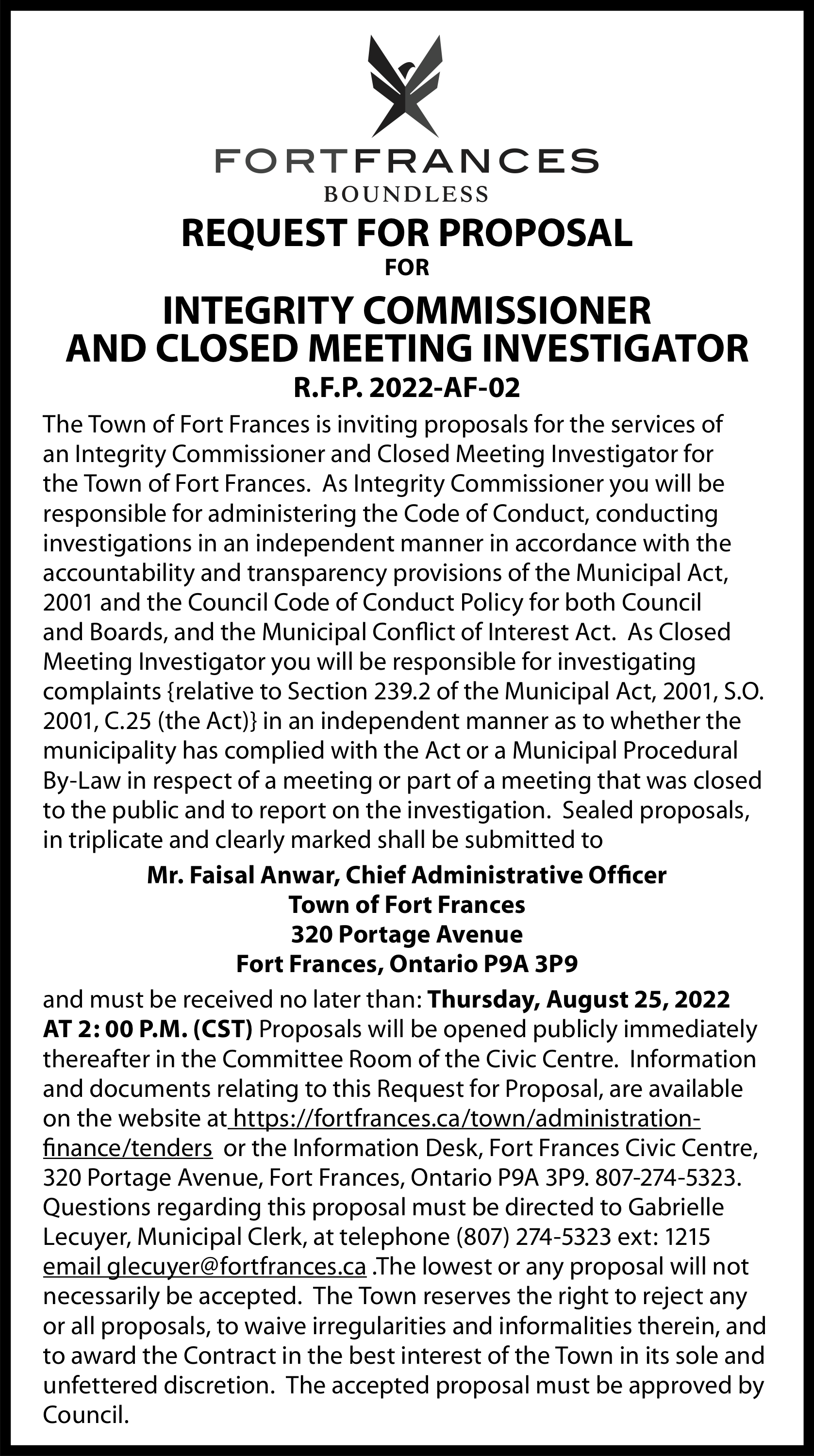 Request for Proposal: Integrity Commissioner and Closed Meeting Investigator