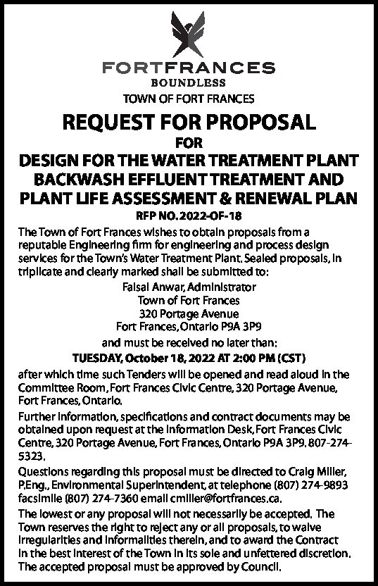 Request for Proposal: Design for the Water Treatment Plant Backwash Effluent Treatment and Plant Life Assessment & Renewal Plan