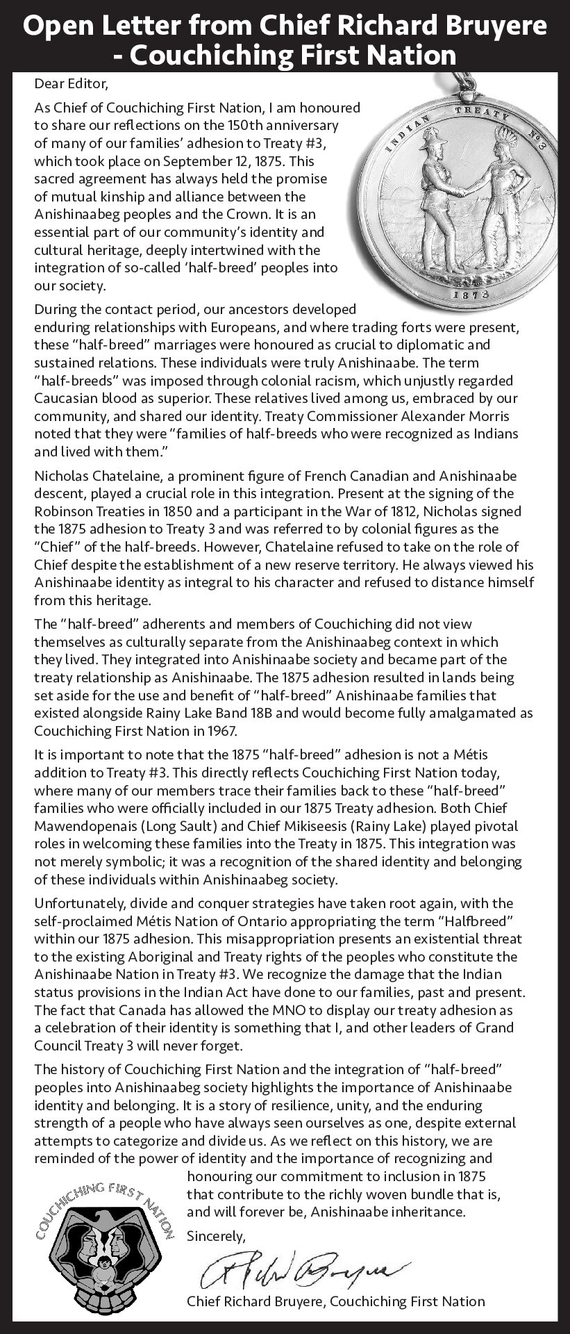 Open Letter from Chief Richard Bruyere – Couchiching First Nation