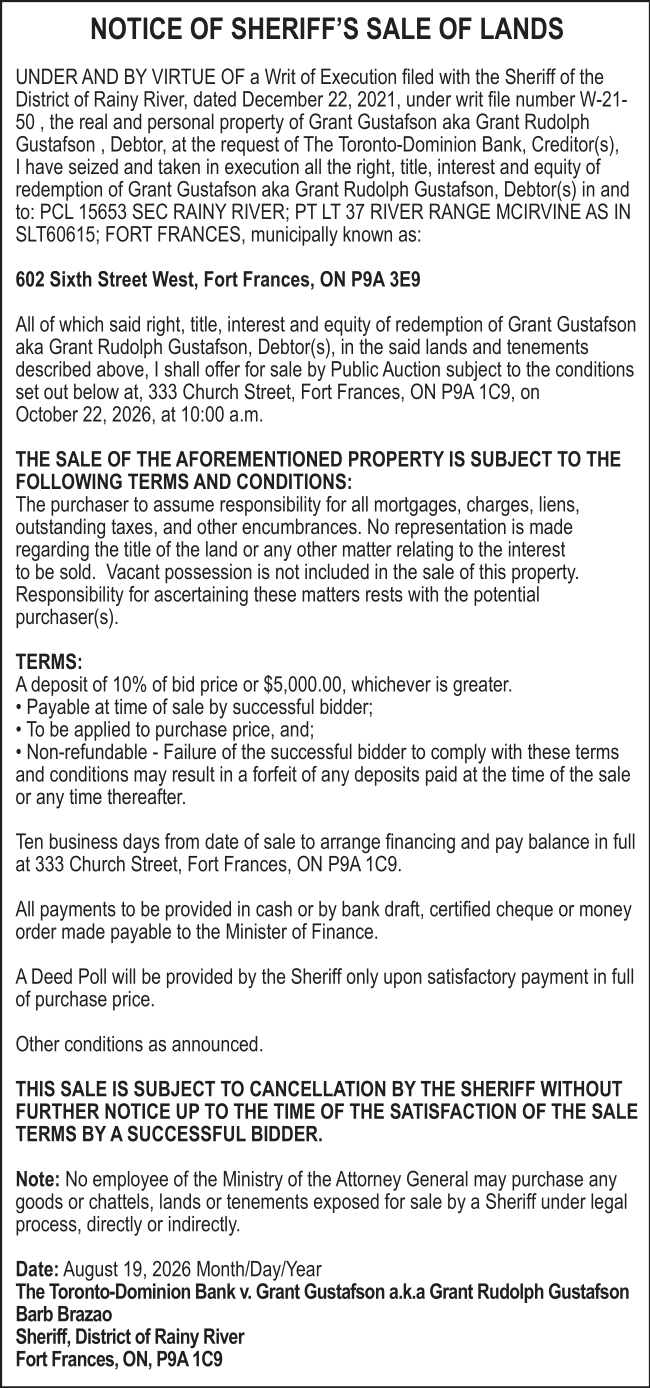 Notice of Sheriff’s Sale of Lands