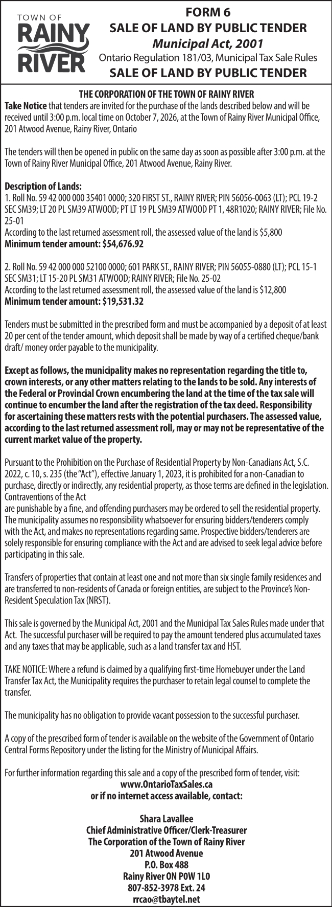 Sale of Land by Public Tender